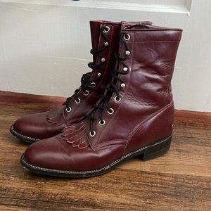 Vintage Justin maroon fringe tongue leather boots size W7